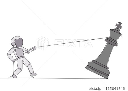 Continuous one line drawing young energetic astronaut pulling big king chess with rope. Business achievement goal, strategy, competitive, strategic concept. Single line draw design vector illustration Continuous one line drawing young energetic astronaut pulling big king chess with rope. Business achievement goal, strategy, competitive, strategic concept. Single line draw design vector illustration 115841846