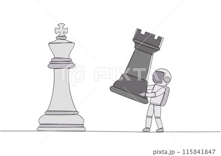 Single continuous line drawing young astronaut holds rook chess to beat king chess. Strategic planning, business development strategy, tactics in entrepreneurship. One line design vector illustration 115841847