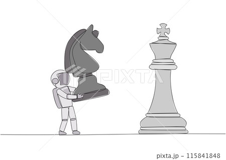 Single one line drawing young astronaut holds horse chess to beat king chess. Strategic planning, business development strategy, tactic entrepreneurship. Continuous line design graphic illustration 115841848