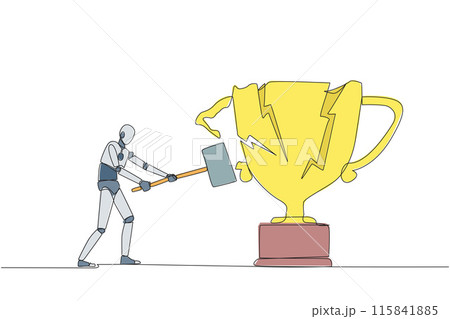 Single one line drawing smart robot preparing to hit the big trophy. Rampage. Expressing mounting anger. Smashing the trophy with a sledgehammer. Failed. Continuous line design graphic illustration 115841885