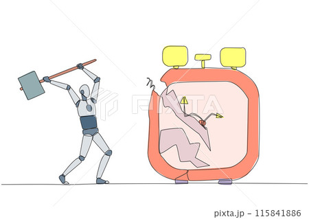 Continuous one line drawing smart robot preparing to hit the big alarm clock. Can't manage time well. Many business opportunities disappear. Angry robotic. Single line draw design vector illustration 115841886