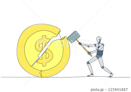 Single one line drawing smart robotic preparing to hit the big coin with dollar symbol. Failed to get new investor. Failed to get income. Expressing anger. Continuous line design graphic illustration 115841887