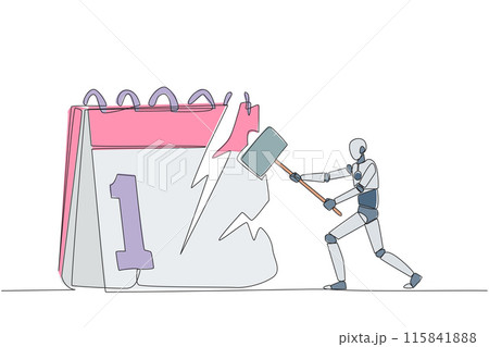Single continuous line drawing smart robotic preparing to hit the big desk calendar. Very angry expression. Lots of deadlines, holiday schedules become messy. One line design vector illustration 115841888