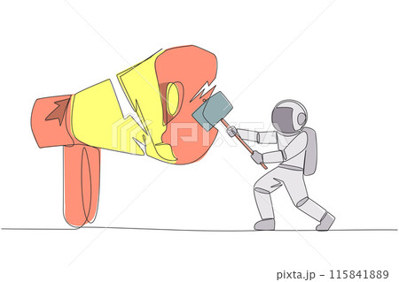 Single one line drawing young astronaut preparing to hit the big megaphone. Destroy of hoax information that damage business stability. Destroy slander. Continuous line design graphic illustration 115841889