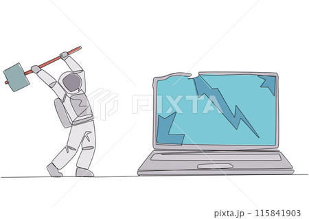 Single continuous line drawing young astronaut preparing to hit laptop. Rampage. Destroying technology that cannot used optimally. Upgrade hardware and brainware. One line design vector illustration 115841903