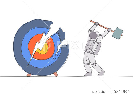 Continuous one line drawing astronaut preparing to hit a big target arrow board. Rampage. Failed to focus, failed to get the promised reward. Madness. Single line draw design vector illustration 115841904
