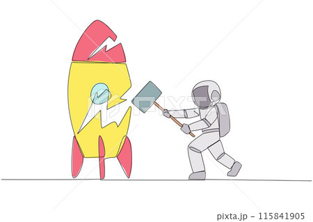 Single continuous line drawing young astronaut preparing to hit a standing rocket. Rampage. Not ready to accept new technology. Not ready for competition. Lost. One line design vector illustration 115841905
