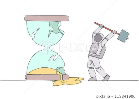 Continuous one line drawing astronaut preparing to hit the big hourglass. Remove reminders. Work without rules. Undisciplined. Detrimental to the company. Single line draw design vector illustration 115841906