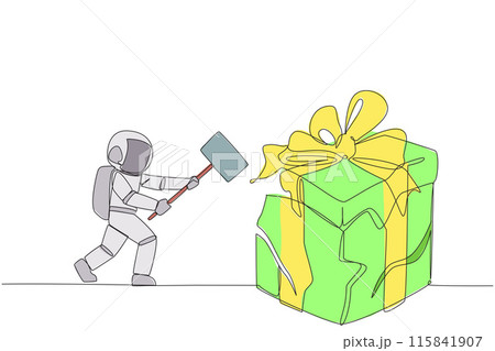 Single continuous line drawing young astronaut preparing to hit the big gift box. Cosmonaut express disappointment. Destroying everything in sight. Angry. Madness. One line design vector illustration Single continuous line drawing young astronaut preparing to hit the big gift box. Cosmonaut express disappointment. Destroying everything in sight. Angry. Madness. One line design vector illustration 115841907