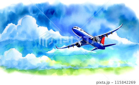 青空と雲を背景に飛ぶ飛行機の水彩画「AI生成画像」 115842269