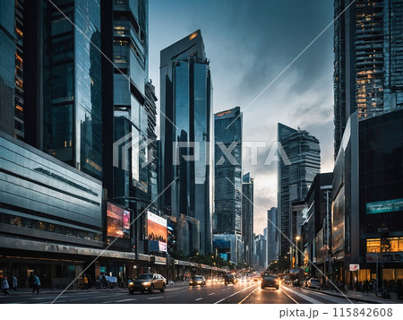 Modern cityscape with tall skyscrapers and busy street 115842608
