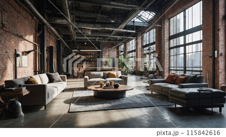 A chic, industrial loft with high ceilings, exposed brick walls, and large windows offering a city view. The interior features stylish sofas, a coffee table, and a cozy rug, creating a comfortable and 115842616