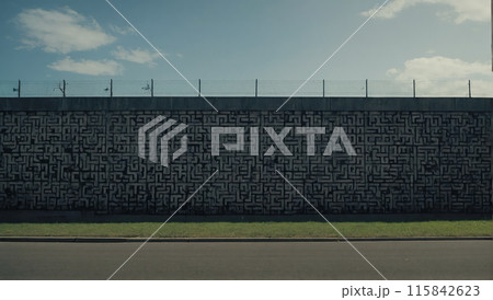 A dark and moody wall with intricate patterns, topped with barbed wire under a cloudy sky. The scene evokes a sense of mystery and isolation. A dark and moody wall with intricate patterns, topped with barbed wire under a cloudy sky. The scene evokes a sense of mystery and isolation. 115842623