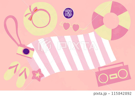 ピンク 可愛いビーチの持ち物イラストセット ピンク 可愛いビーチの持ち物イラストセット 115842892