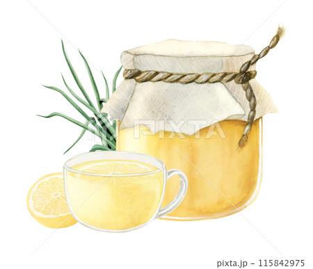 Glass honey jar with herbal tea, lemon and lemongrass watercolor illustration clipart in realistic style isolated on white. Natural products for winter hot drinks. Hand drawn clipart 115842975
