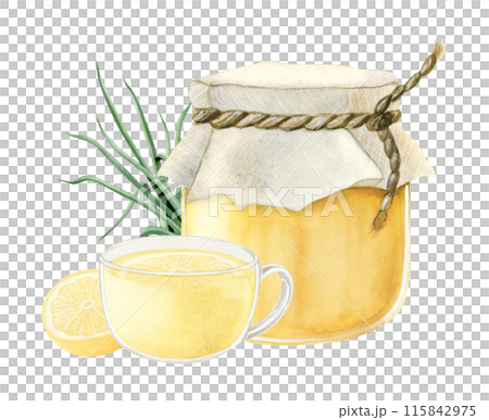 Glass honey jar with herbal tea, lemon and lemongrass watercolor illustration clipart in realistic style isolated on white. Natural products for winter hot drinks. Hand drawn clipart Glass honey jar with herbal tea, lemon and lemongrass watercolor illustration clipart in realistic style isolated on white. Natural products for winter hot drinks. Hand drawn clipart 115842975