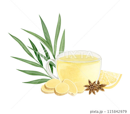 Watercolor cup of ginger tea with lemon, lemongrass and star anise illustration isolated on white background. Hot herbal beverage of organic ingredients against flu and cold. Healthy eating clipart 115842979