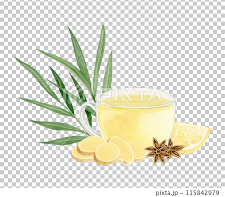 Watercolor cup of ginger tea with lemon, lemongrass and star anise illustration isolated on white background. Hot herbal beverage of organic ingredients against flu and cold. Healthy eating clipart 115842979