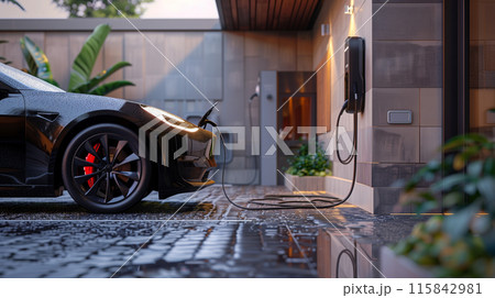 黒いEV電気自動車が高級マンションの充電スタンドで充電しているリアルイラスト 115842981