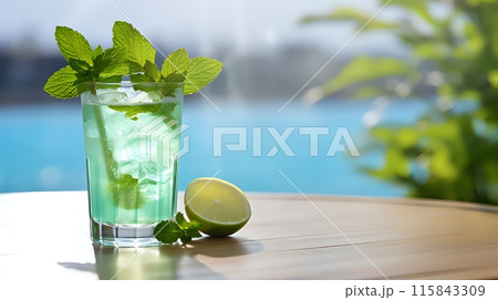 A refreshing summer drink by the pool 115843309