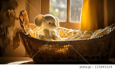 A stuffed elephant sits in a wicker basket near a sunlit window 115843324