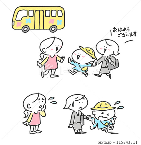 園に息子を送り迎えをするスーツ姿の母親　笑顔　嫌がる 115843511