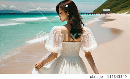 海辺を歩く白いワンピースの女性のイラスト素材 [115843549] - PIXTA