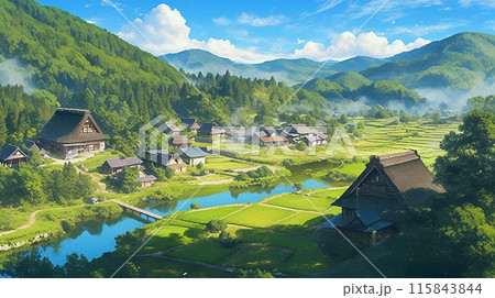 日本の田舎の風景、空撮13 115843844