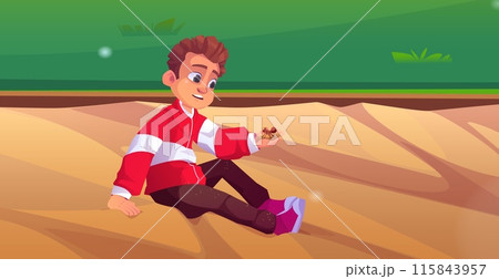 Kid boy explorer watching on ant insect vector Kid boy explorer watching on ant insect vector 115843957