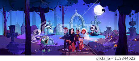 Children scared on graveyard at Halloween cartoon Children scared on graveyard at Halloween cartoon 115844022
