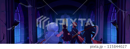 Children in halloween costume running in castle 115844027