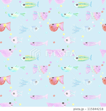 Hand drawn wax crayon colorful fish drawing seamless pattern isolated on blue background. Marine illustration can be used for textile, scrapbook and other printed products. 115844218
