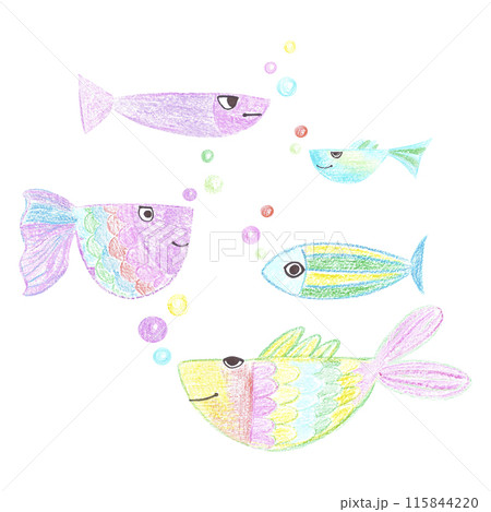 Hand drawn wax crayon colorful fish drawing. Marine illustration can be used for card, scrapbook and other printed products. Hand drawn wax crayon colorful fish drawing. Marine illustration can be used for card, scrapbook and other printed products. 115844220