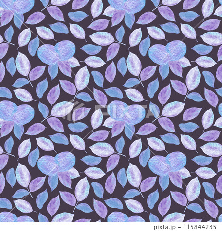 Hand drawn watercolor purple walnut with leaves seamless pattern isolated on dark background. Can be used for textile, fabric, wrapping and other printed products. Hand drawn watercolor purple walnut with leaves seamless pattern isolated on dark background. Can be used for textile, fabric, wrapping and other printed products. 115844235