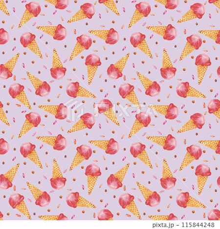 Hand drawn watercolor ice-cream cone seamless pattern isolated on purple background. Can be used for textile, fabric, wrapping and other printed products. 115844248