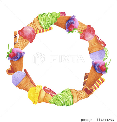 Hand drawn watercolor ice-cream frame border isolated on white background. Can be used for cards, label, banner and other printed products. 115844253