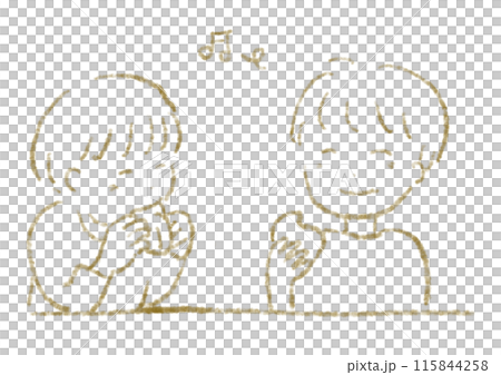 Two kids eating snacks together, hand-drawn line drawing illustration Two kids eating snacks together, hand-drawn line drawing illustration 115844258