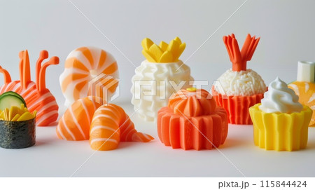 Colorful and Creative 3D Printed Food Sculptures on White Background 115844424
