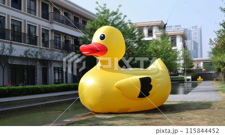 Giant Inflatable Yellow Duck in Urban Park Reflecting Playfulness and Modern Architecture 115844452
