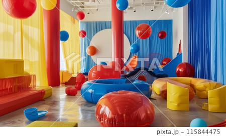 Colorful Inflatable Art Installation in a Modern Gallery Space with Bright Red, Blue, and Yellow Decor Elements Colorful Inflatable Art Installation in a Modern Gallery Space with Bright Red, Blue, and Yellow Decor Elements 115844475