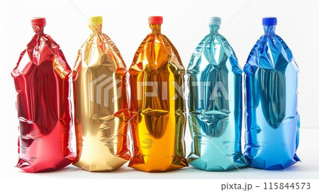 Colorful Inflated Plastic Bottles in Various Shades Standing Upright Against White Background 115844573