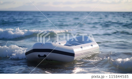 Inflatable Dinghy on Gentle Ocean Waves Under Clear Sky 115844585