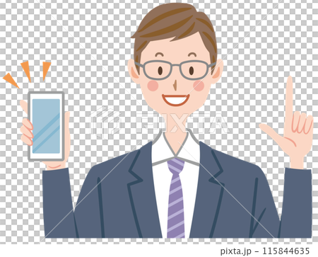 スマホを持つスーツ姿の男性　指差し　説明 115844635