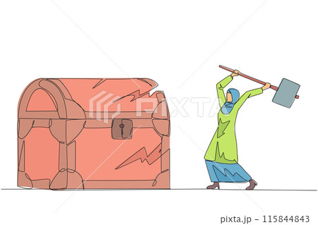 Continuous one line drawing Arabian businesswoman preparing to hit big treasure chest. Running out of capital. Steal. Doing dirty business. Not commendable. Single line draw design vector illustration 115844843