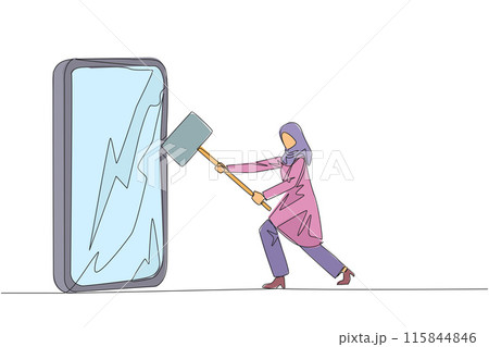 Single continuous line drawing Arabian businesswoman preparing to hit the big smartphone. Technology can destructive if not use properly. Intelligence is required. One line design vector illustration Single continuous line drawing Arabian businesswoman preparing to hit the big smartphone. Technology can destructive if not use properly. Intelligence is required. One line design vector illustration 115844846