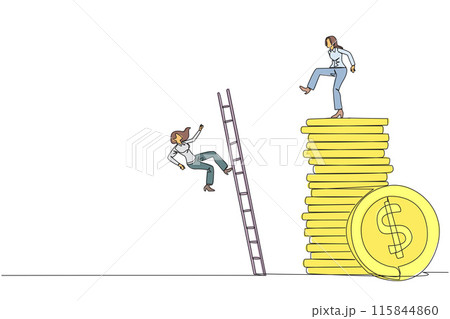 Continuous one line drawing businesswoman kicks opponent who climbs pile of coins with ladder. Greed for wealth. Forgetting comrades in arms. The traitor. Single line draw design vector illustration 115844860