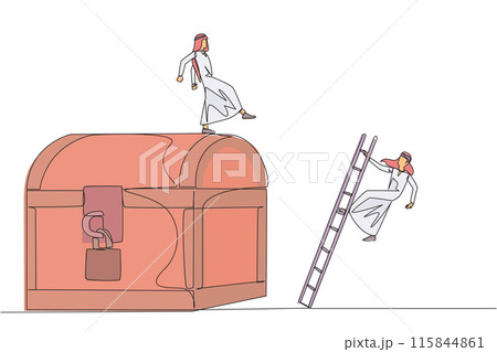Single continuous line drawing Arabian businessman kicks opponent who climbs treasure chest with ladder. Greed for wealth. Betrayal. Unfair business competition. One line design vector illustration 115844861