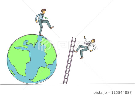 Single continuous line drawing businessman kicks opponent who is climbing the globe with a ladder. Failed to be on top of the world. Dropped by business friend. One line design vector illustration 115844887