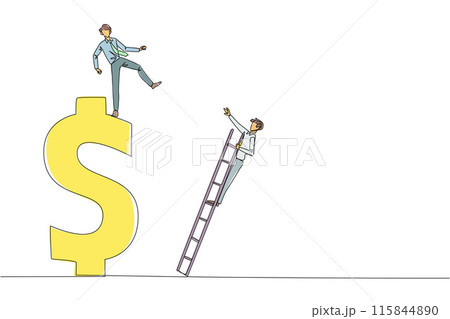 Single continuous line drawing businessman kicks his rival who is climbing a dollar symbol with ladder. Unhealthy competition. Using rough methods to bring down. One line design vector illustration Single continuous line drawing businessman kicks his rival who is climbing a dollar symbol with ladder. Unhealthy competition. Using rough methods to bring down. One line design vector illustration 115844890