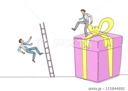 Continuous one line drawing businessman kicks opponent who is climbing the gift box with ladder. Competition justifies any means to get rewards. Rival. Single line draw design vector illustration 115844892